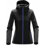 A black women's softshell hoody featuring blue zippers and a hood. It has two side pockets and a sleek design.