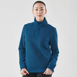 A teal women's thermal pullover with a 1/4 zip and a quilted pattern, featuring a logo on the front.