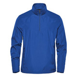 A blue men's 1/4 zip anorak jacket, featuring a high collar and a zipper. It has a logo on the front.