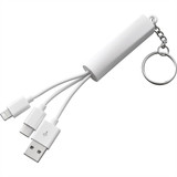 A white 3-in-1 charging cable with multiple connectors, attached to a keyring for easy portability.