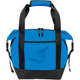 A blue cooler bag with black straps and a solid base, featuring zippers and a logo.