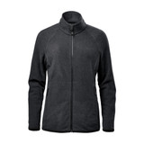 A women's full zip jacket in dark grey with a high collar and two side pockets. It features a logo.