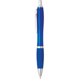 A blue plastic pen with a glossy finish and silver accents, featuring a clip and retractable tip.