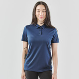 A navy blue women's polo shirt with a collar and short sleeves, featuring a logo.