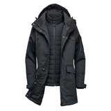 A dark green women's jacket with a removable inner layer and hood, featuring multiple pockets and a branding logo.