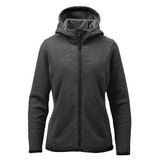 A green women's fleece hoodie with a zip front and an adjustable hood, featuring a branding logo.