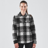 A women's black and grey plaid shacket with a button-up front and two chest pockets, featuring a logo.