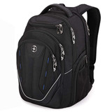 A black Swissdigital Terabyte Backpack features multiple zippers and compartments, with a logo on the front.
