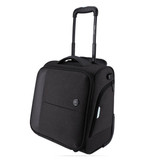 A wheeled underseat luggage bag in black with a telescopic handle and a logo. Features a zippered compartment.