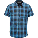 A blue and black short-sleeved button-up shirt featuring a checkered pattern and a pocket. It includes a branding logo.