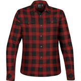 A red and black plaid button-up shirt with snap front and two chest pockets, featuring a brand logo.