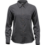 A Women's long-sleeve button-up shirt in grey with a pointed collar, featuring a chest pocket and a logo.