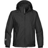 A black lightweight rain jacket featuring a hood and zippered pockets, with a logo on the sleeve.