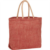 A red and natural herringbone jute tote bag with two handles and ample storage capacity. It features a logo.