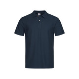 A navy blue men's heavyweight polo shirt with a collar and three buttons, featuring a branding logo.