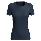 A navy blue women's active sports T-shirt with a fitted design and short sleeves. It features a logo.