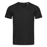 A black men's V-neck t-shirt with short sleeves and a simple design. It features a small logo.