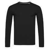 A black long sleeve shirt featuring a crew neck and a simple design. It includes a logo on the garment.
