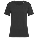 A black women's crew neck t-shirt with short sleeves and a relaxed fit, featuring a subtle branding tag.
