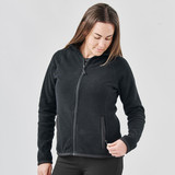 A black women's fleece jacket with a zippered front and side pockets, featuring a logo. Suitable for casual wear.