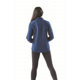 Long sleeve twill shirt in navy blue, featuring a button-up design and a logo. Viewed from the back.