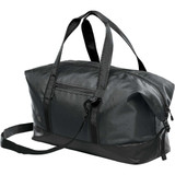 A black duffle bag with a sleek design, featuring both handles and a shoulder strap, plus a logo.