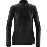 A women's black fleece pullover with a quarter zip and long sleeves, featuring a small logo on the hem.