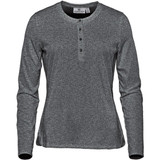 A long-sleeve henley shirt in a dark grey colour with a buttoned placket and a subtle logo.