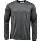 A long-sleeve T-shirt in a dark grey colour, featuring a simple design and a logo on the label.