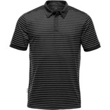 A black and grey striped polo shirt featuring a collar and a logo. Short sleeves complete the design.
