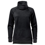A black women's pullover jumper featuring a cowl neck design and long sleeves, with a subtle logo.