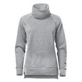 A grey women's cowl neck pullover featuring long sleeves and a relaxed fit. It has a logo on the design.