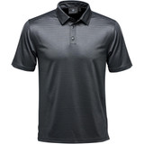 A black striped polo shirt featuring a collar and three buttons, with a logo on the collar.