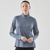 A women's blue 1/4 zip pullover jumper with long sleeves, featuring a subtle texture and a branding logo.