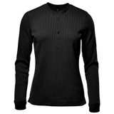 A women's long-sleeve Henley shirt in black, featuring a buttoned collar and ribbed fabric texture.