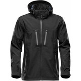 A black men's softshell jacket with a hood, featuring zippered pockets and a sleek design.