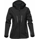 A women's black softshell jacket featuring a hood, zippered pockets, and a logo on the sleeve.
