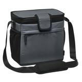 A cooler bag in grey with a secure flap, adjustable shoulder strap, and mesh side pockets. Features a logo.