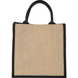 A medium jute gift tote in natural and black colours with dual handles and a simple design. Features a logo.