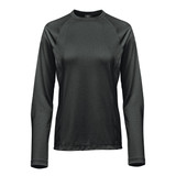 A dark green women's long-sleeve tee with a fitted design and a logo.