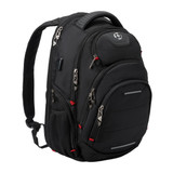 A black Swissdigital Neptune Backpack with multiple zippers, compartments, and a logo on the front.