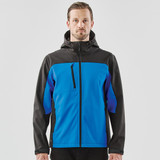 A men's hooded softshell jacket featuring a vibrant blue front and black accents, with a zippered chest pocket.
