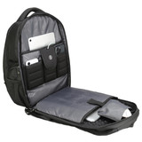 A black backpack with multiple compartments, featuring padded sections for devices and organisational pockets.