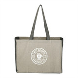 A grey recycled cotton tote bag with contrasting dark handles and a logo on the front.