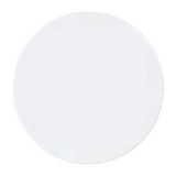 A circular ceramic coaster in white, featuring a glossy surface and a branding logo.