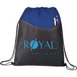 A black and blue drawstring sportspack featuring a front pocket with pens and a logo.
