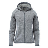 A grey full zip fleece hoody with a hood and a logo, featuring a textured fabric and side pockets.