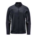 A black knit jacket with a zip front, featuring contrasting panel details and a high collar. It has a logo on the design.