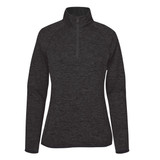 A black women's fleece jacket with a half zip and long sleeves, featuring a simple logo on the front.