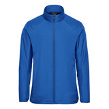 A blue full zip jacket with a stand-up collar and raglan sleeves. Features a logo on the chest.